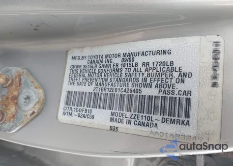 2001 Toyota Corolla Ce z USA, uszkodzony, nr VIN 2T1BR12E01C426405